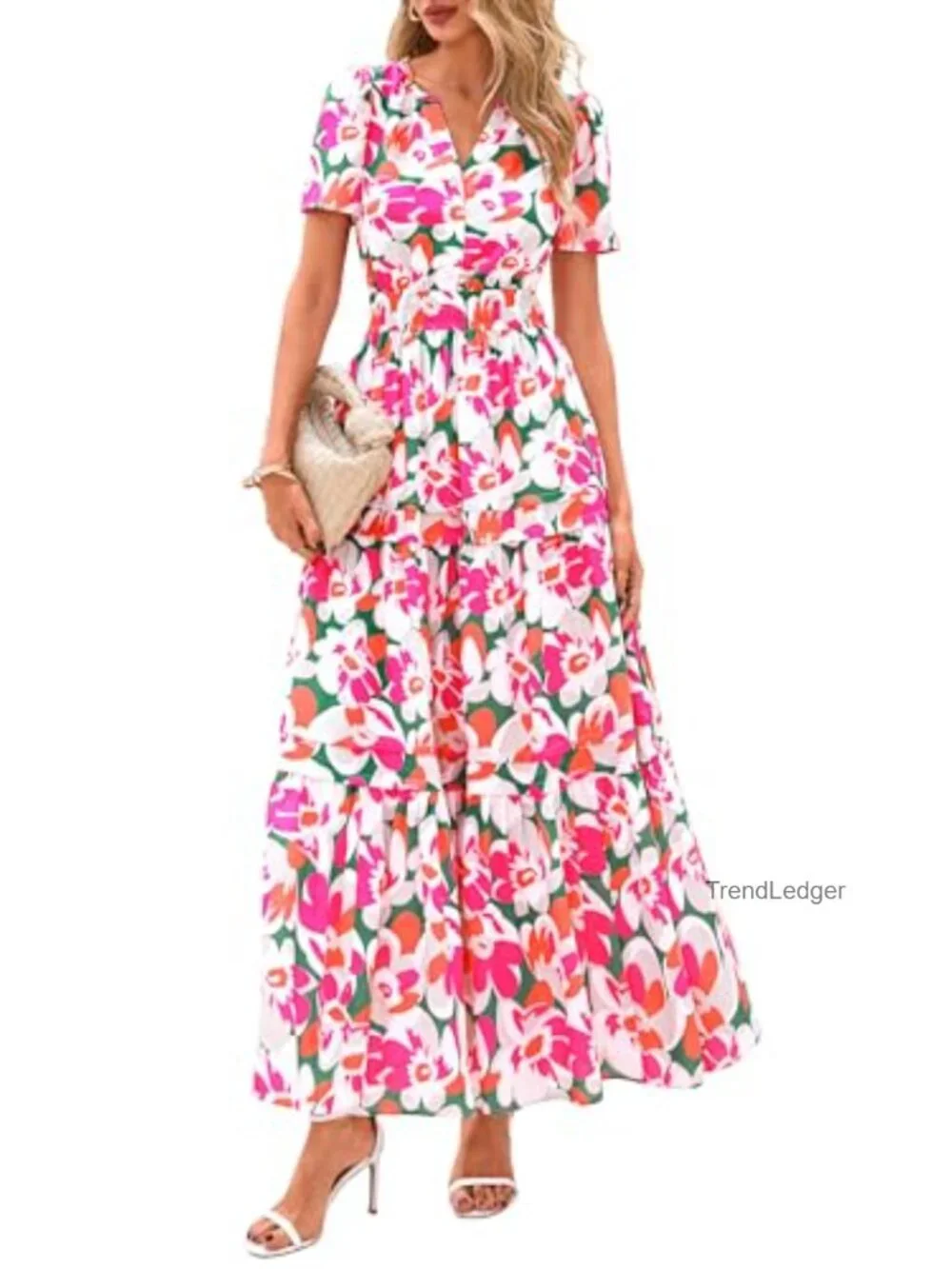 Boho Floral Maxi Dress with Pockets, V Neck, Short Sleeve, Tiered A-Line